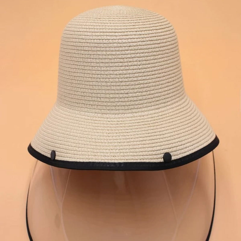 Contrast Trim Straw Hat With Detachable Face Shield - GSINAS.com