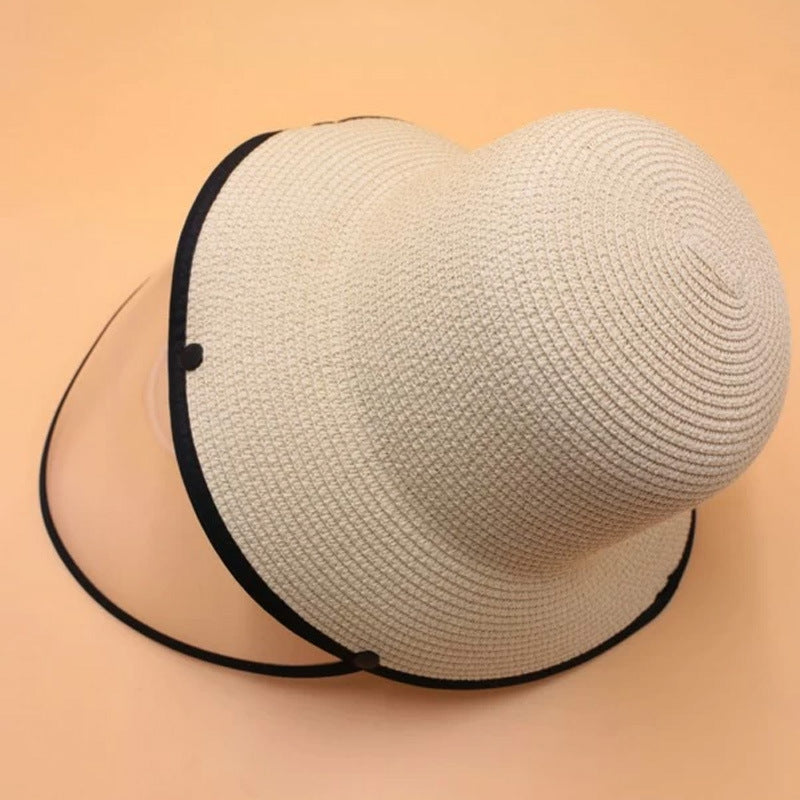 Contrast Trim Straw Hat With Detachable Face Shield - GSINAS.com