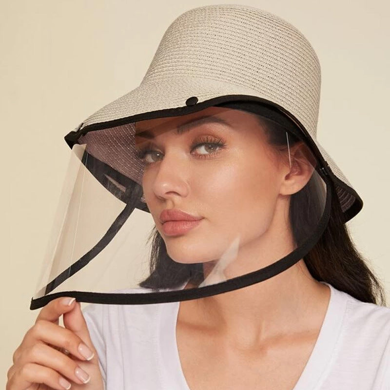 Contrast Trim Straw Hat With Detachable Face Shield - GSINAS.com