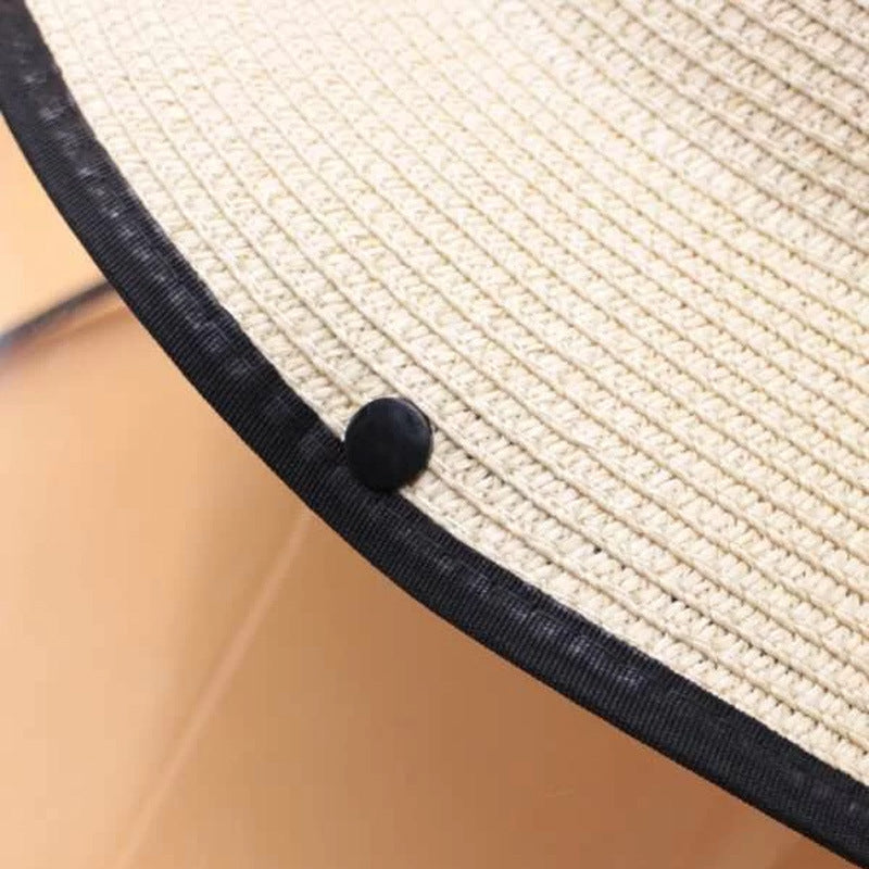 Contrast Trim Straw Hat With Detachable Face Shield - GSINAS.com