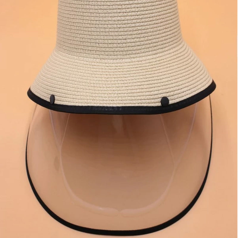 Contrast Trim Straw Hat With Detachable Face Shield - GSINAS.com