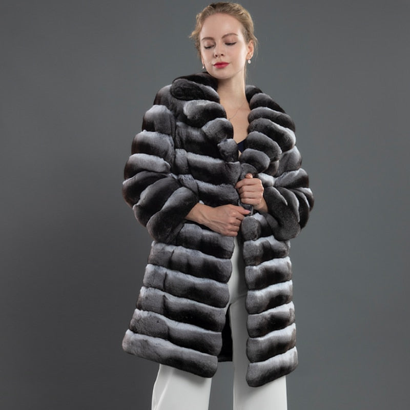 Winter Extra Long Thick Warm Colorful Soft Striped Fluffy Faux Chinchilla Fur Coat - GSINAS.com