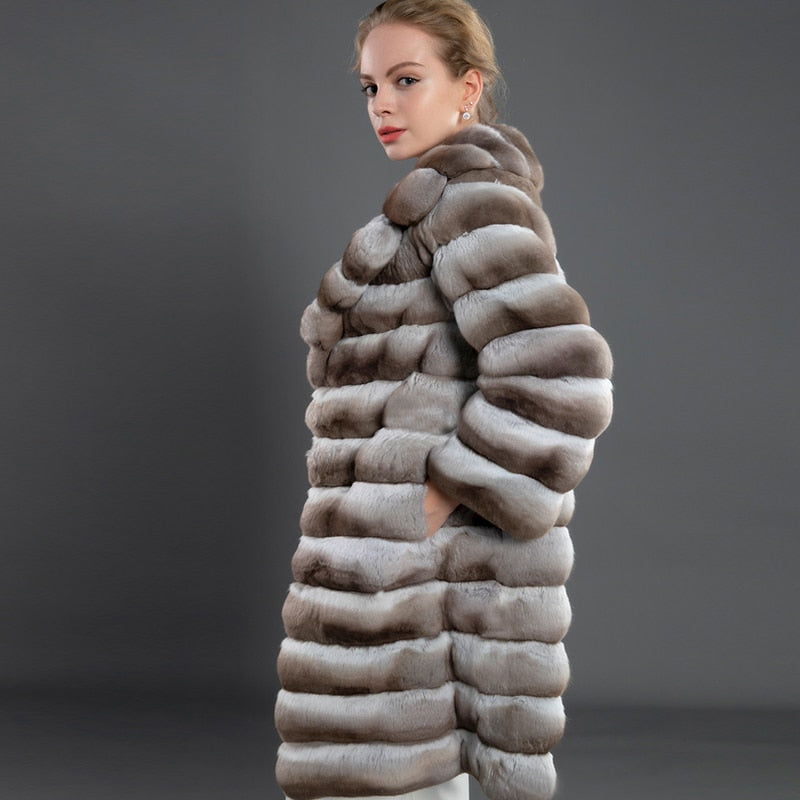 Winter Extra Long Thick Warm Colorful Soft Striped Fluffy Faux Chinchilla Fur Coat - GSINAS.com