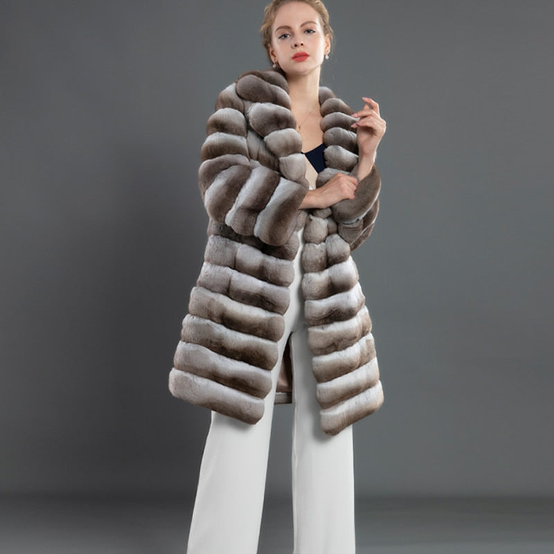 Winter Extra Long Thick Warm Colorful Soft Striped Fluffy Faux Chinchilla Fur Coat - GSINAS.com