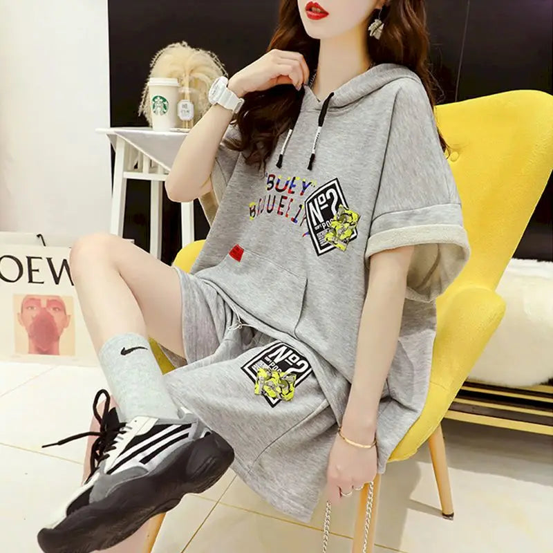 2023 Summer Womens Suits Korean Loose Hoodies Suits Short-sleeved Hooded T-shirt Casual Sports Short Pants Two Piece Sets Women