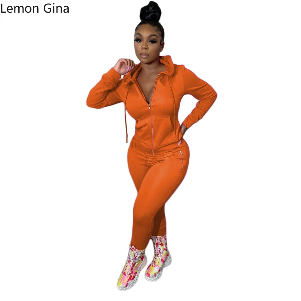 Lemon Gina Active Wear Solid Women's Set Zipper Hoodies Tops Jogger Pants Set Matching Tracksuit Two Piece Set Sport Sweatshirt - GSINAS.com