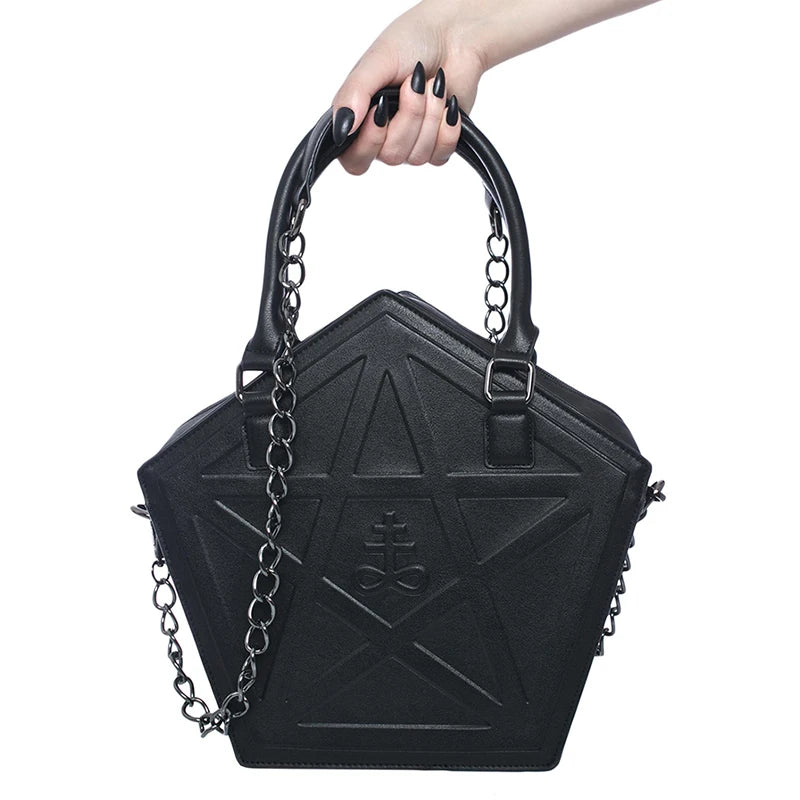 JIEROTYX Pentagram Punk Darkness Gothic Star Handbag Women Girl Black PU Soft Leather Shoulder Bag With Chain High Quality - GSINAS.com