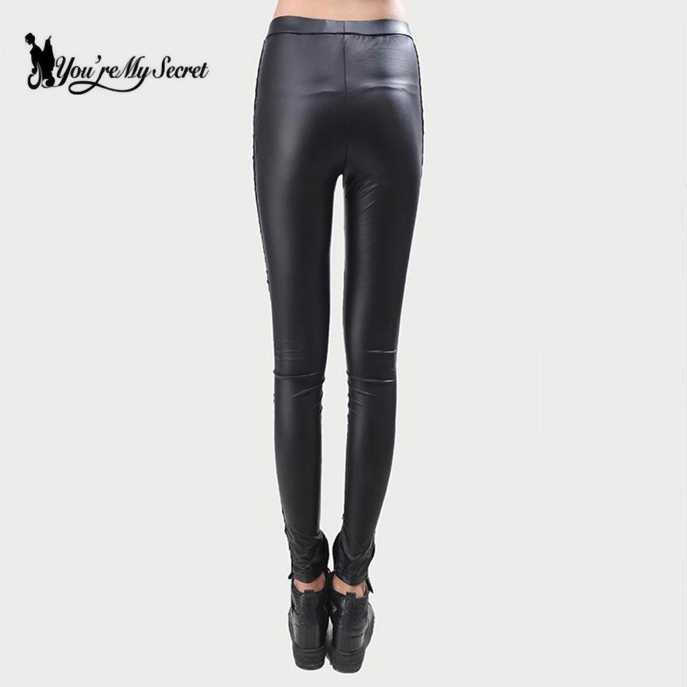 [You're My Secret] Gothic Black Women Leggings Hollow Lace Sexy PU Leather Trousers Elastic Fitness Stitching Punk Ankle Pants