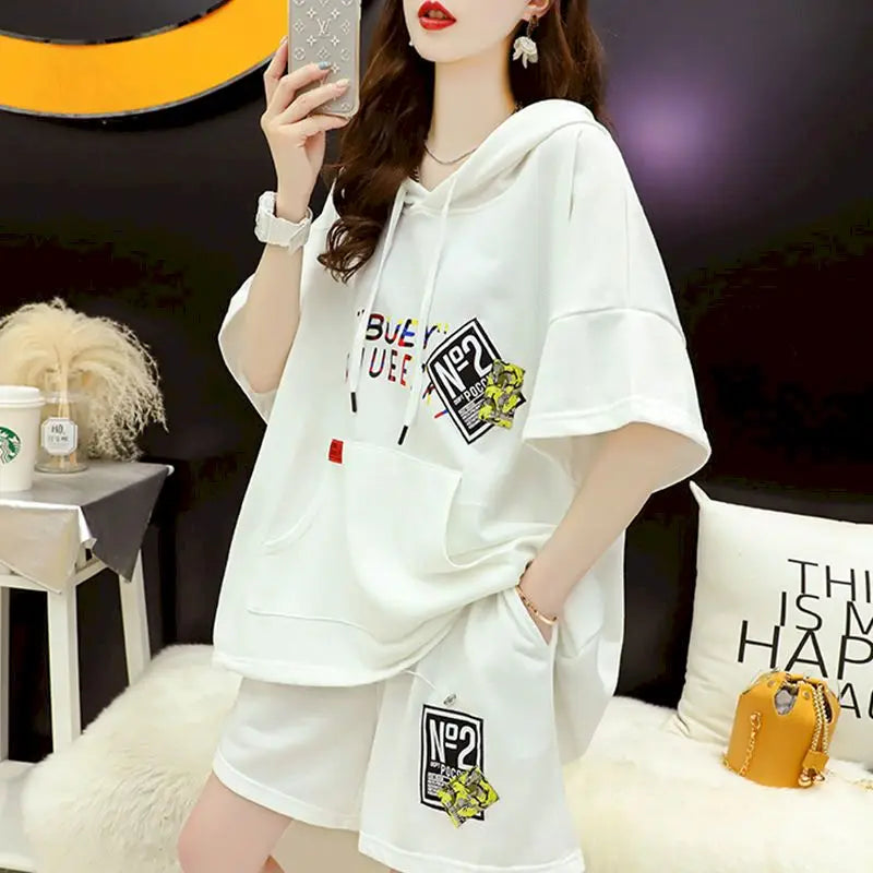 2023 Summer Womens Suits Korean Loose Hoodies Suits Short-sleeved Hooded T-shirt Casual Sports Short Pants Two Piece Sets Women