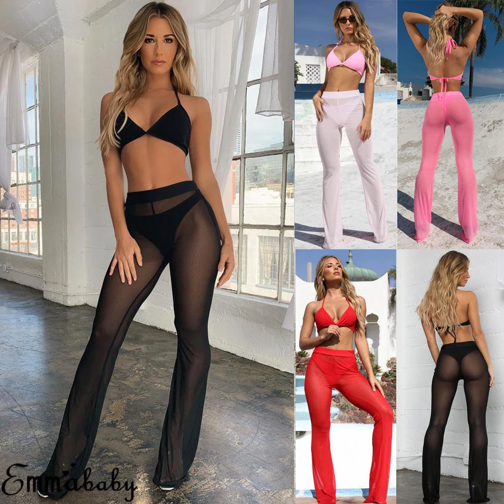 Women Sexy Beach Sheer Mesh See Through Transparent High Elastic Waist Bikini Cover Up Swimwear Bell Bottom Flare Pants Trousers - GSINAS.com