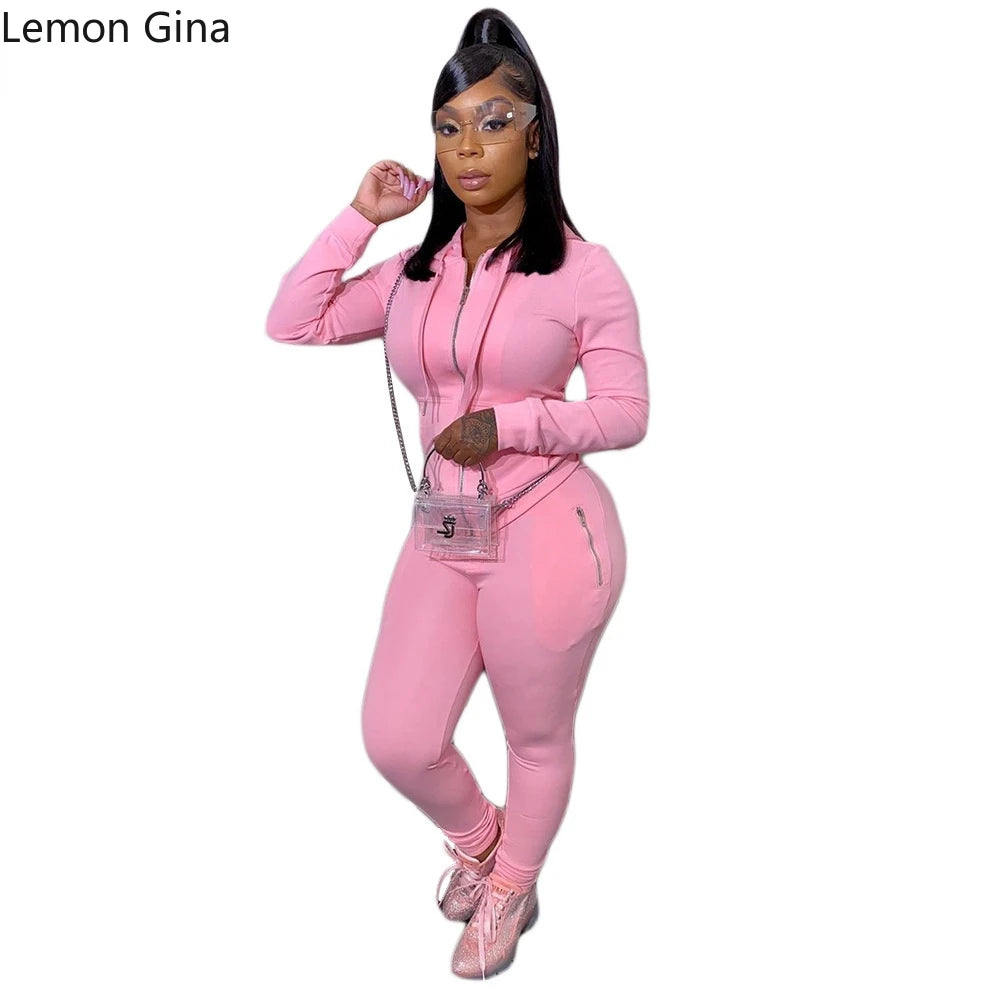 Lemon Gina Active Wear Solid Women's Set Zipper Hoodies Tops Jogger Pants Set Matching Tracksuit Two Piece Set Sport Sweatshirt - GSINAS.com