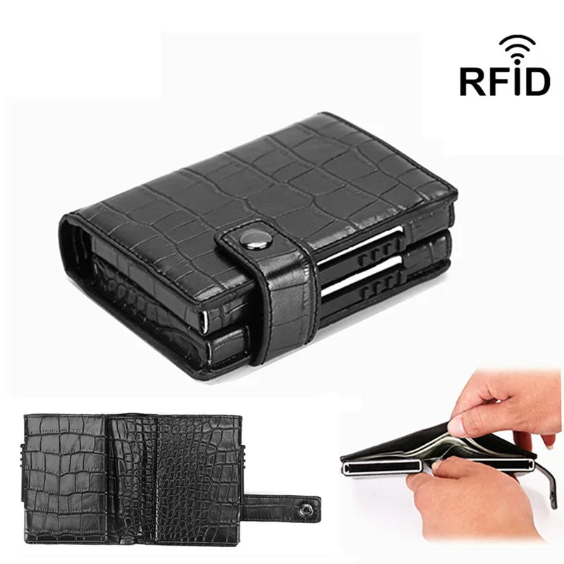 2024 Pu Leather Double Metal ID Credit Card Holder With RFID Vintage Card Case Automatic Money Cash Clip Mini Wallet Business - GSINAS.com