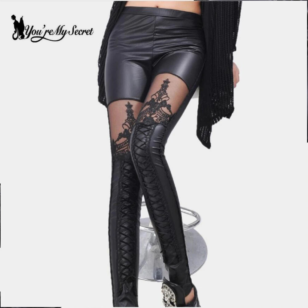 [You're My Secret] Gothic Black Women Leggings Hollow Lace Sexy PU Leather Trousers Elastic Fitness Stitching Punk Ankle Pants