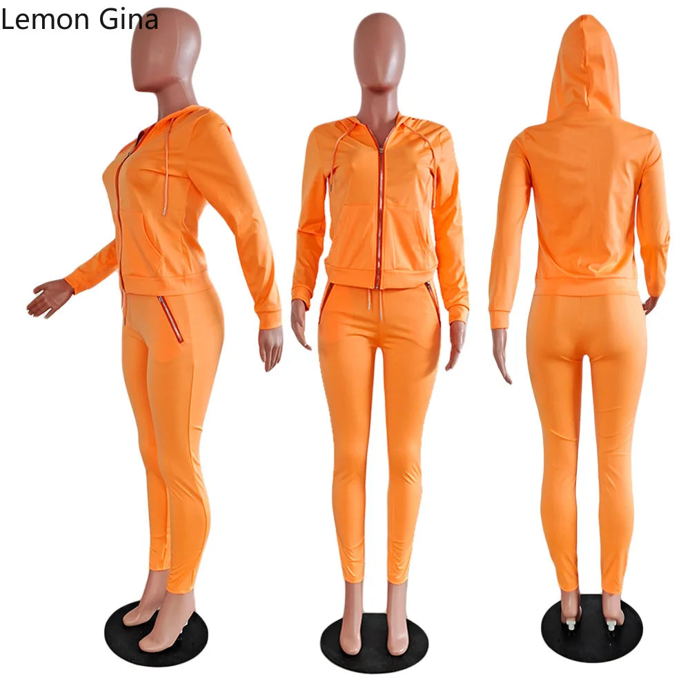 Lemon Gina Active Wear Solid Women's Set Zipper Hoodies Tops Jogger Pants Set Matching Tracksuit Two Piece Set Sport Sweatshirt - GSINAS.com