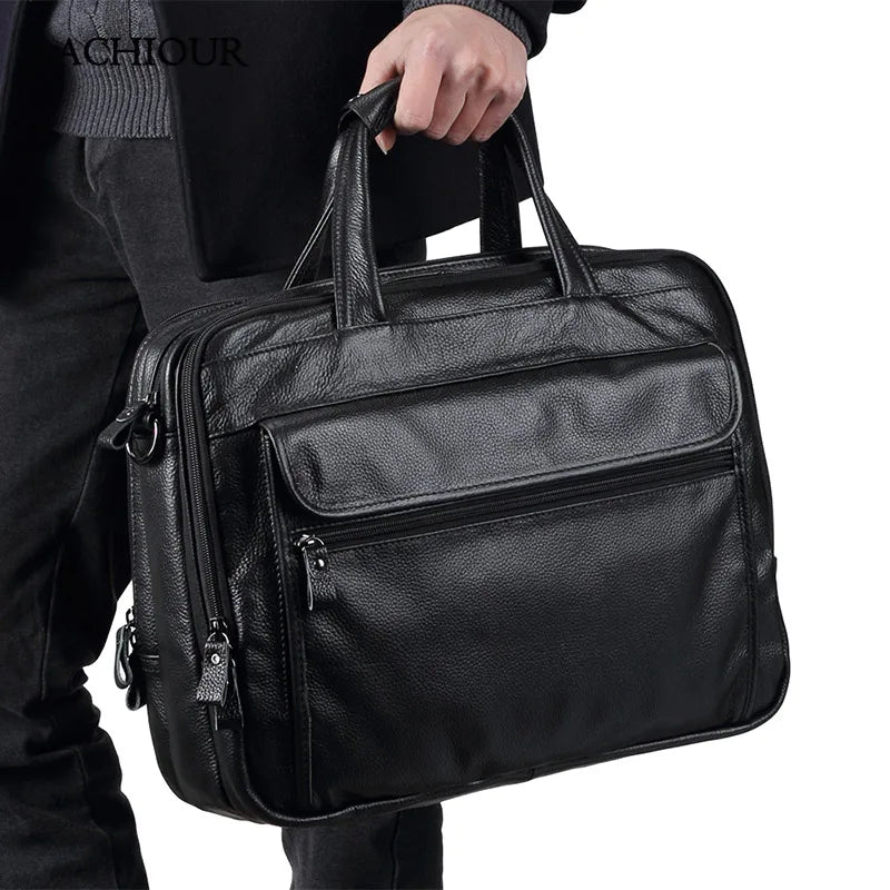 Large Men Leather Handbgs Male Genuine Leather Business Travel Brifcases Bag Men's 15.6 Inch Laptop Shoulder Bag Business A4 Bag - GSINAS.com