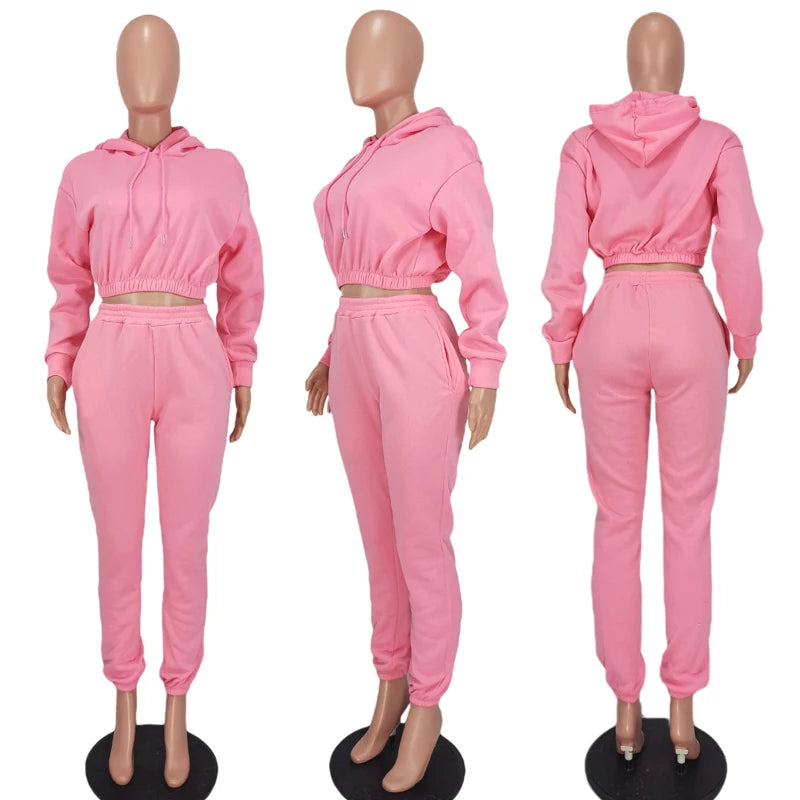 Women Casual Stylish Sporty Matching Set Shrink Long Sleeve Hooded Top+Pockets Trousers Oversize Two Piece Tracksuit Fall Winter