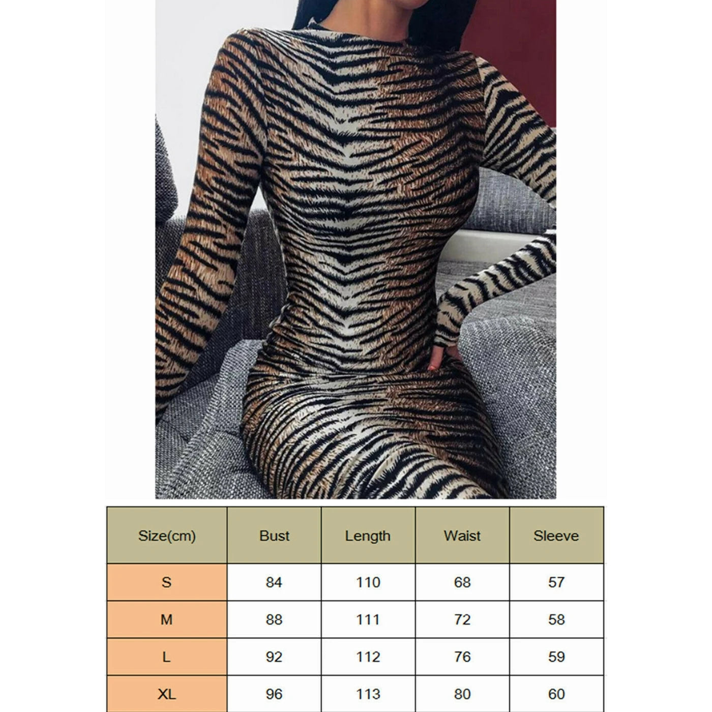 Combhasaki Sexy Midi Dress Women's Tiger Print Evening Party Club wear High Neck Long Sleeve Slim Stretchy Bodycon Dresses - GSINAS.com