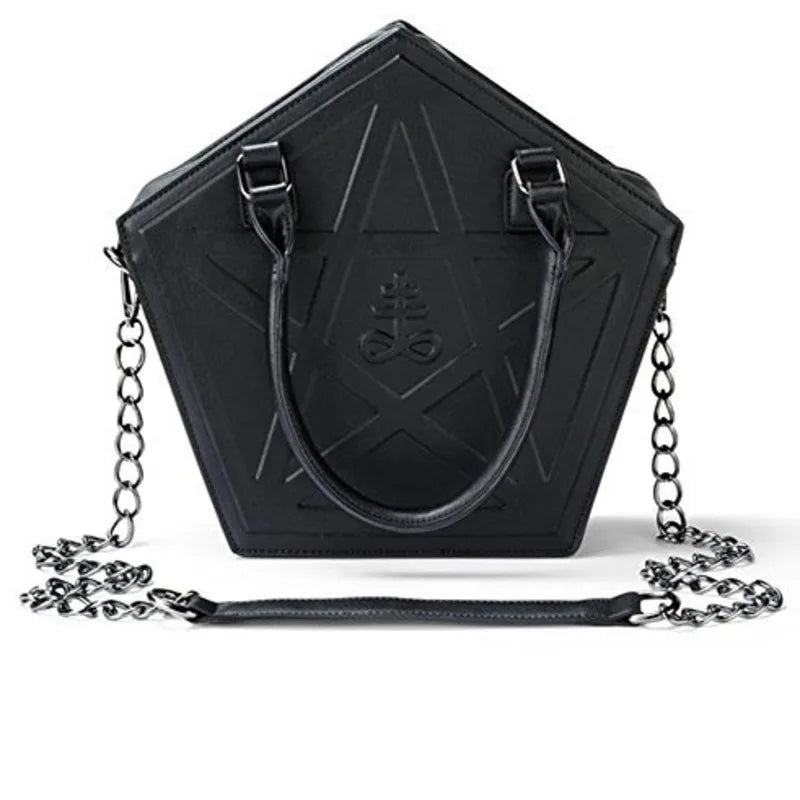 JIEROTYX Pentagram Punk Darkness Gothic Star Handbag Women Girl Black PU Soft Leather Shoulder Bag With Chain High Quality - GSINAS.com