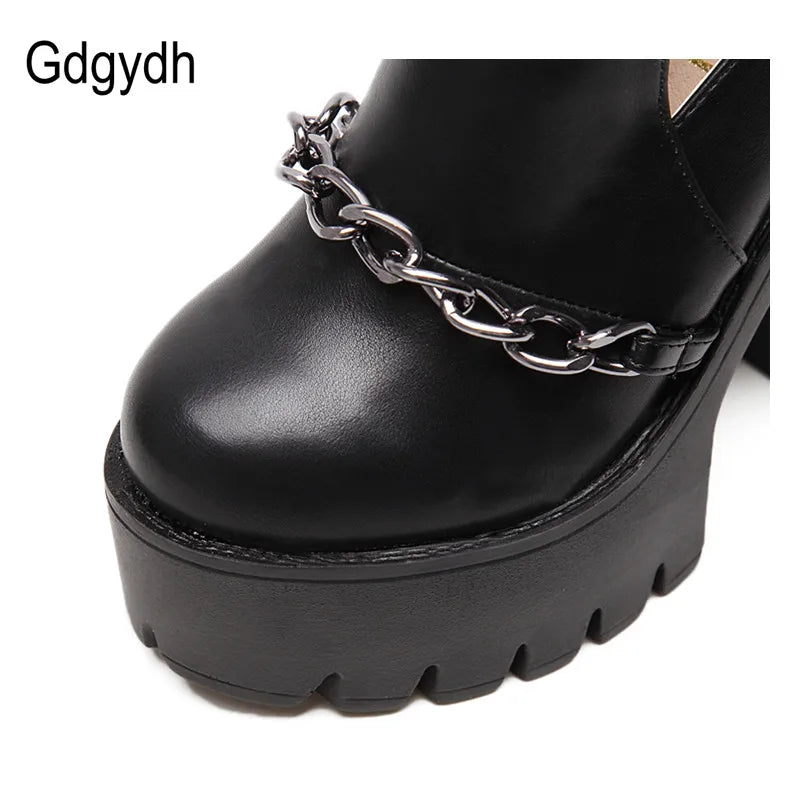 Gdgydh Spring Autumn Fashion Ankle Boots for Women High Heels Casual Cut-outs Buckle Round Toe Chain Thick Heels Platform Shoes