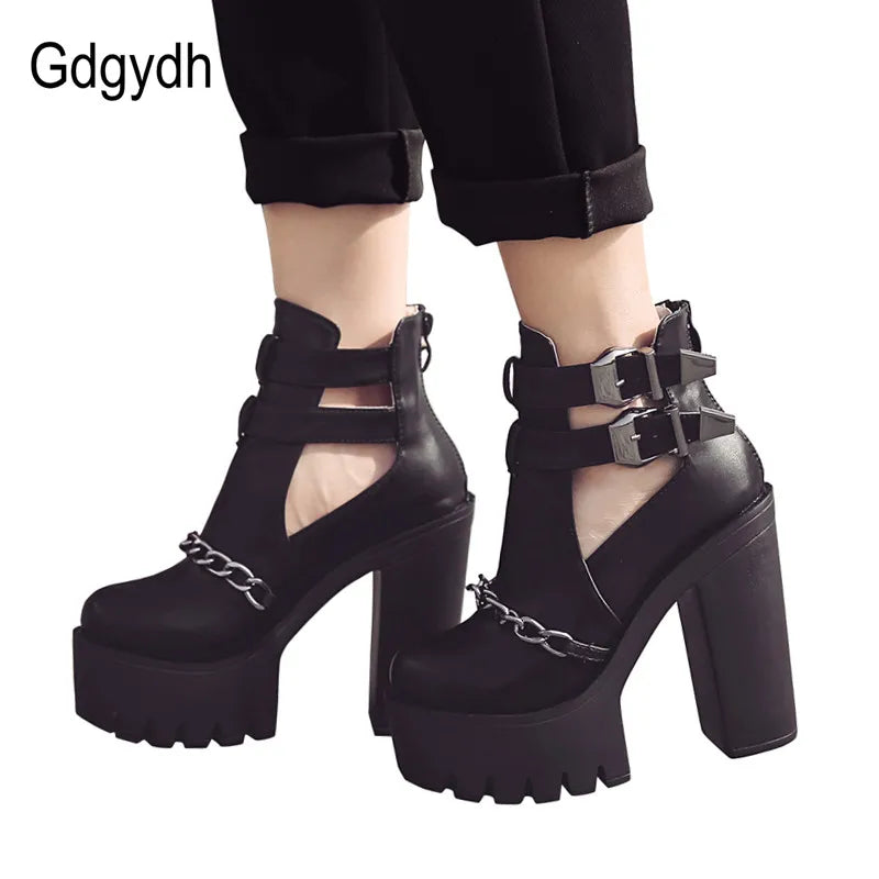 Gdgydh Spring Autumn Fashion Ankle Boots for Women High Heels Casual Cut-outs Buckle Round Toe Chain Thick Heels Platform Shoes