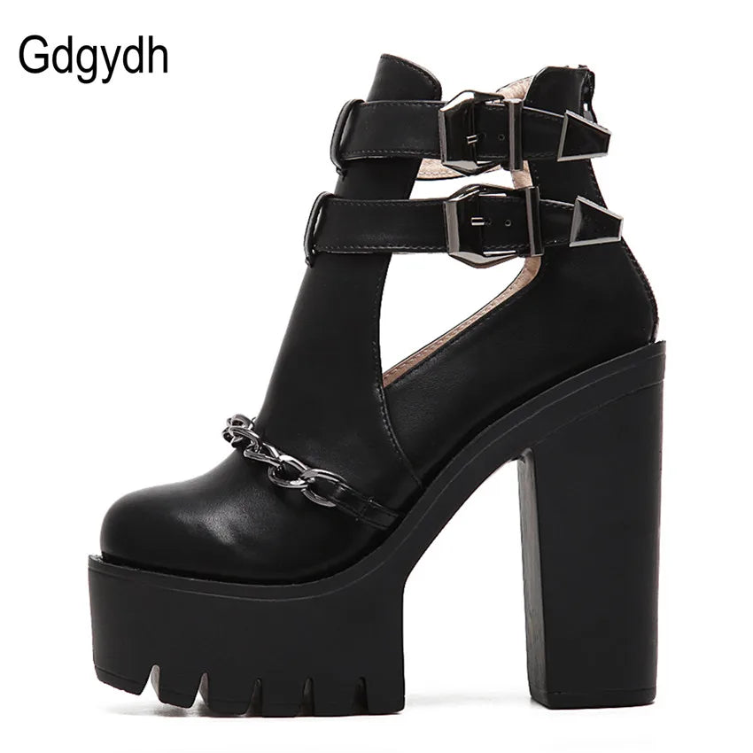 Gdgydh Spring Autumn Fashion Ankle Boots for Women High Heels Casual Cut-outs Buckle Round Toe Chain Thick Heels Platform Shoes