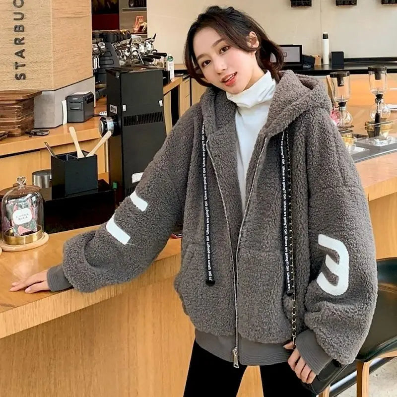 Winter Lambs Wool Hooded Coat Women Loose Hoodie - GSINAS.com