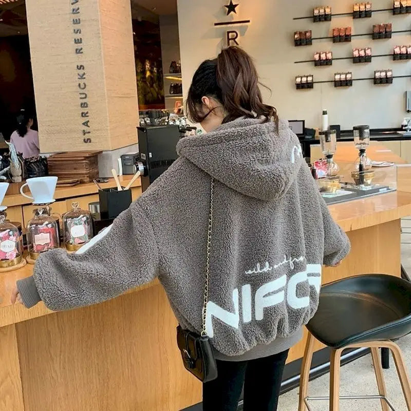 Winter Lambs Wool Hooded Coat Women Loose Hoodie - GSINAS.com