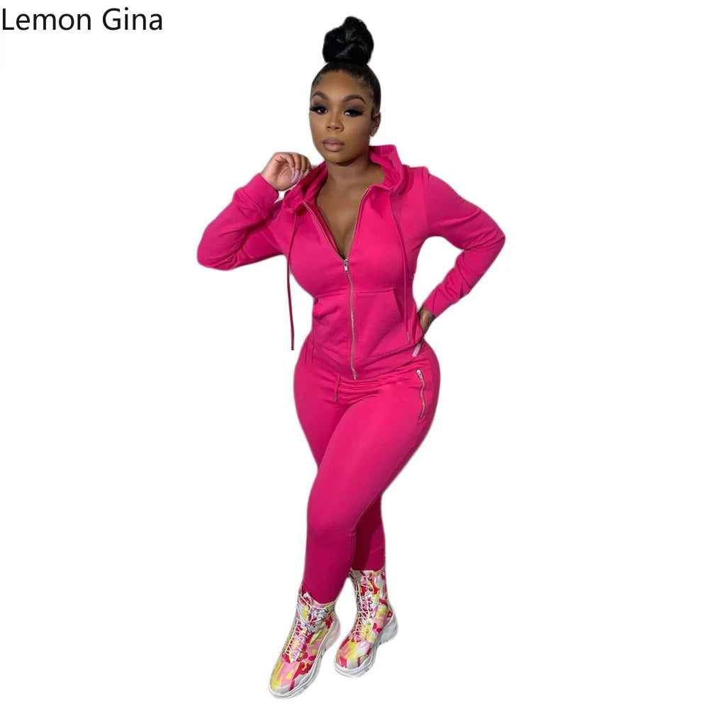 Lemon Gina Active Wear Solid Women's Set Zipper Hoodies Tops Jogger Pants Set Matching Tracksuit Two Piece Set Sport Sweatshirt - GSINAS.com