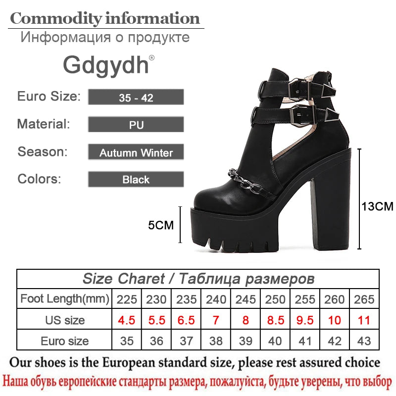 Gdgydh Spring Autumn Fashion Ankle Boots for Women High Heels Casual Cut-outs Buckle Round Toe Chain Thick Heels Platform Shoes