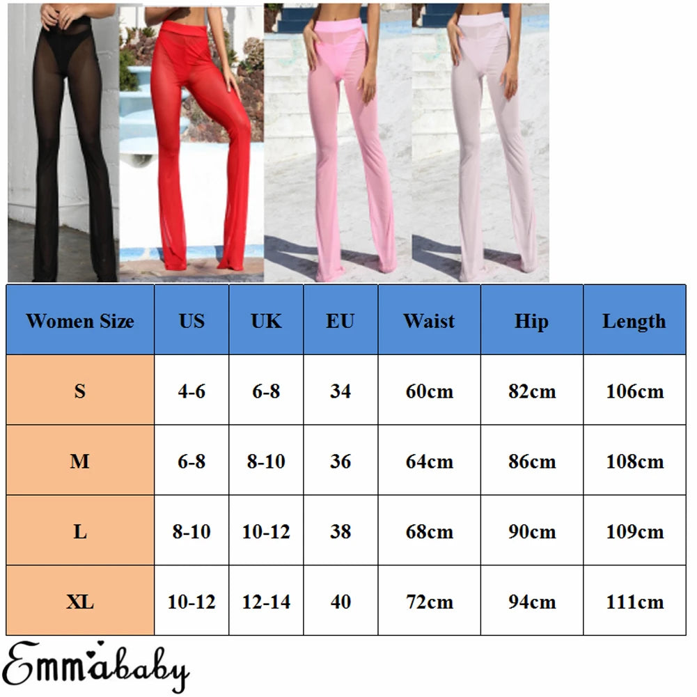 Women Sexy Beach Sheer Mesh See Through Transparent High Elastic Waist Bikini Cover Up Swimwear Bell Bottom Flare Pants Trousers - GSINAS.com