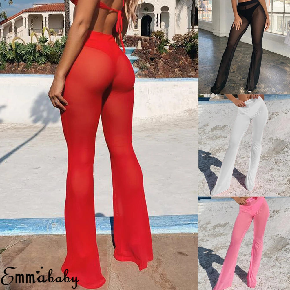 Women Sexy Beach Sheer Mesh See Through Transparent High Elastic Waist Bikini Cover Up Swimwear Bell Bottom Flare Pants Trousers - GSINAS.com