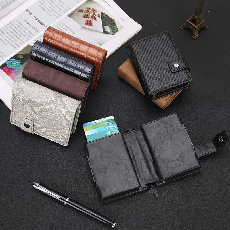 2024 Pu Leather Double Metal ID Credit Card Holder With RFID Vintage Card Case Automatic Money Cash Clip Mini Wallet Business - GSINAS.com