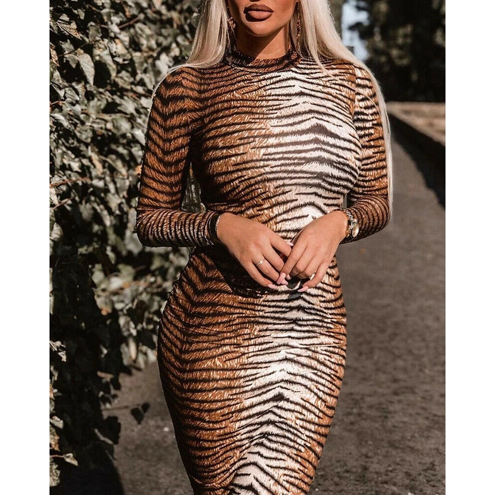 Combhasaki Sexy Midi Dress Women's Tiger Print Evening Party Club wear High Neck Long Sleeve Slim Stretchy Bodycon Dresses - GSINAS.com