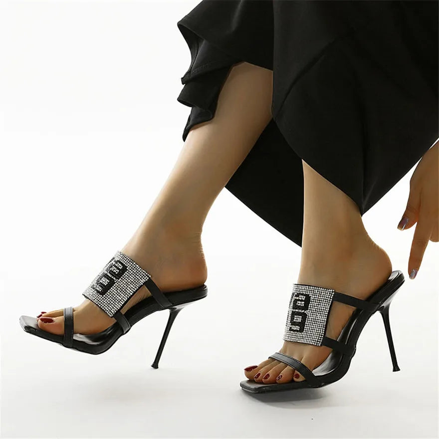 Fashion Letter Crystal Slip On Sandals Women's Slippers Square Toe High Heels Pumps Black Thin Strap Bohemian Female Party Shoes