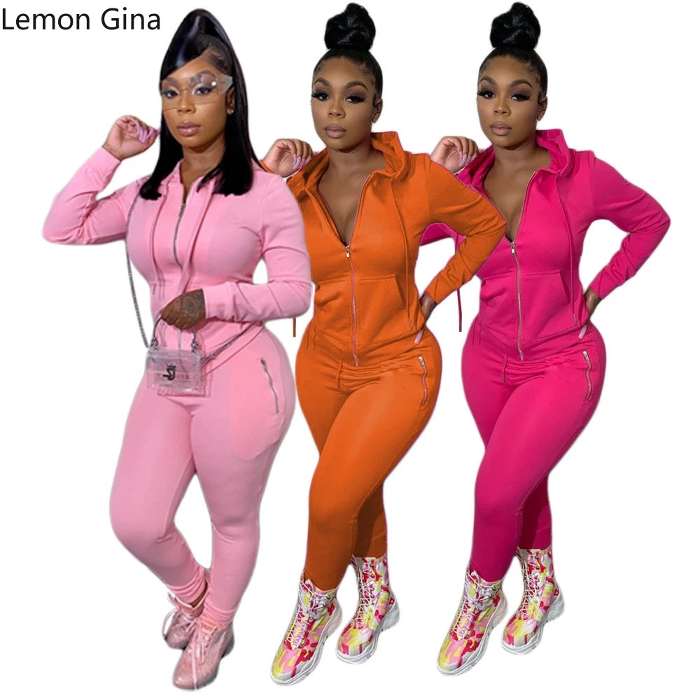 Lemon Gina Active Wear Solid Women's Set Zipper Hoodies Tops Jogger Pants Set Matching Tracksuit Two Piece Set Sport Sweatshirt - GSINAS.com