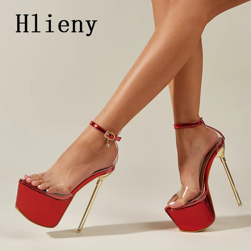 Hlieny Summer Sexy PVC Transparen Open Peep Toe Platform High Heels Buckle Strap Sandals Women's Nightclub Pole Dance Shoes