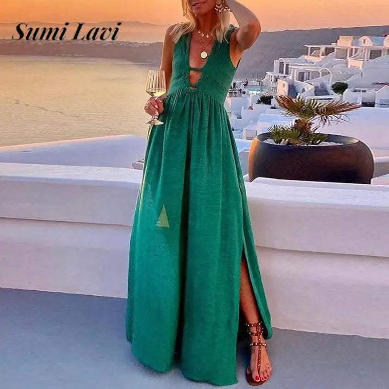 Elegant Deep V-neck Hollow Long Dress 2024 Summer Sexy Sleeveless Side Split Bohemian Party Dress Fashion Pleat Solid Maxi Dress - GSINAS.com