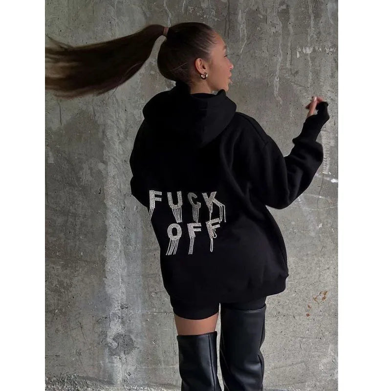 Street hot girl sweatshirt women's autumn and winter fashion loose letter hot diamond tassel hooded jacket women - GSINAS.com