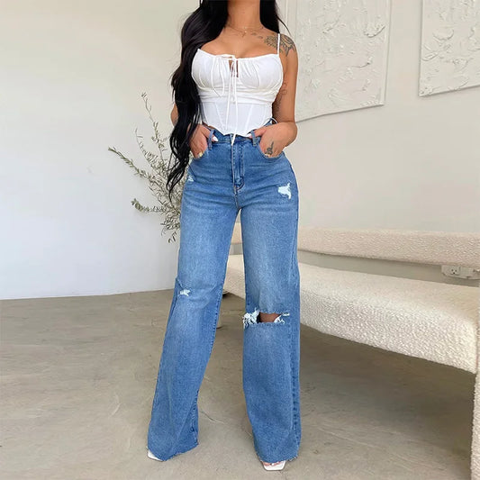 Ripped, Frayed, Comfortable High-Waisted Wide Leg Denim