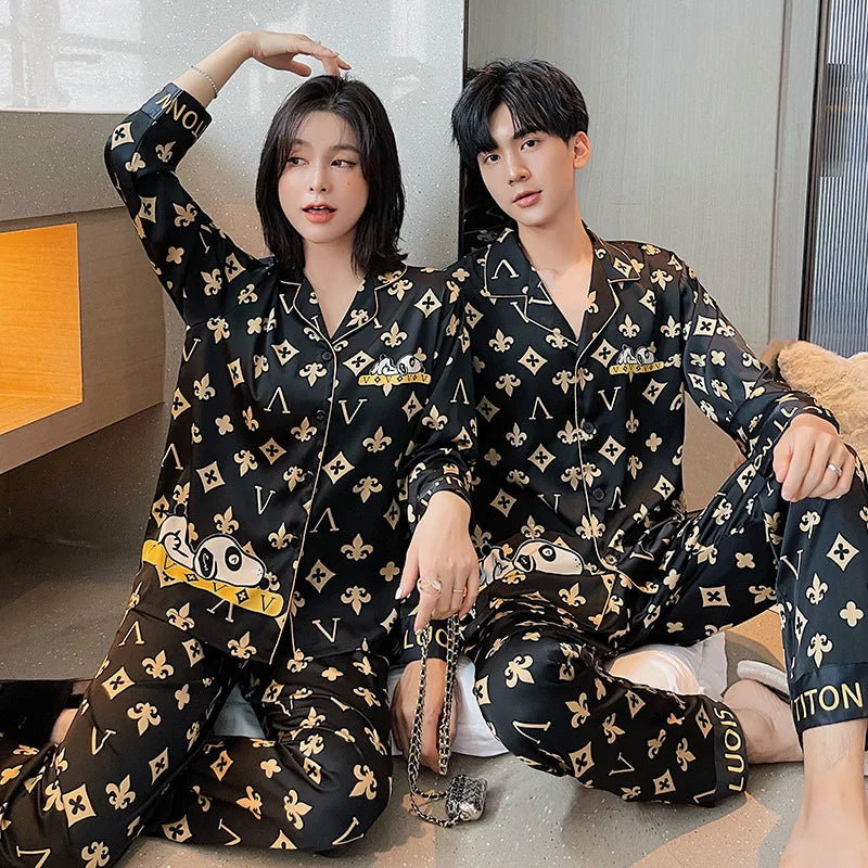 Couple's Home Wear Long Sleeve Thin Artificial Silk Cardigan Korean Style Cartoon Home Outer Wear Large Size Pajamas