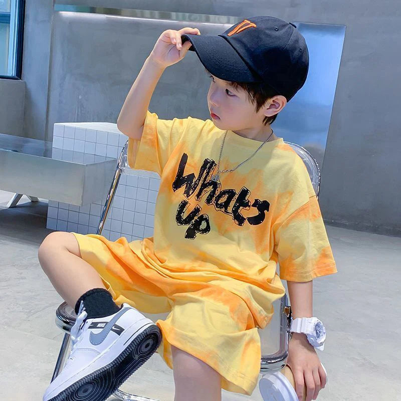 2024 New Boy Summer Quick dry Suit Children Streetwear what's up Short Sleeve TShirt + Shorts Two piece Sports Set Loose Outfits - GSINAS.com