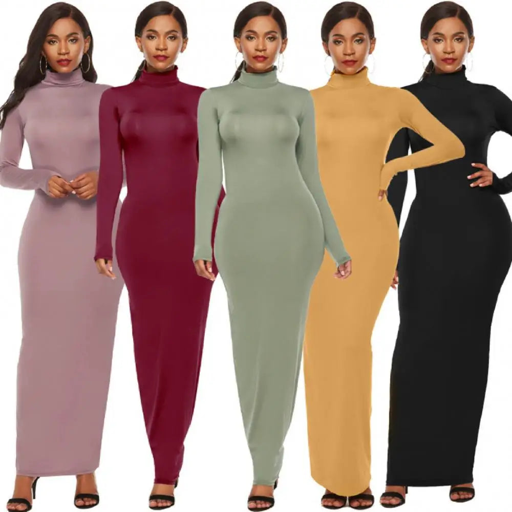 Women Long Dresses Plus Size Party Solid Color Turtleneck Bodycon - GSINAS.com