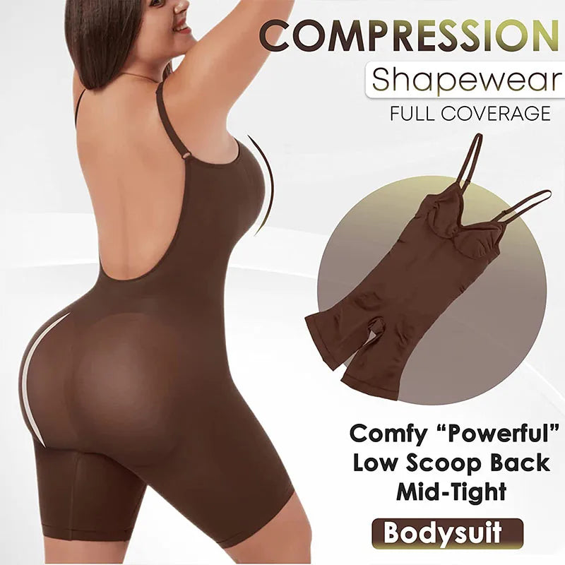 Low Back Seamless Body Shaper with Thigh Slimming and Backless Design.
