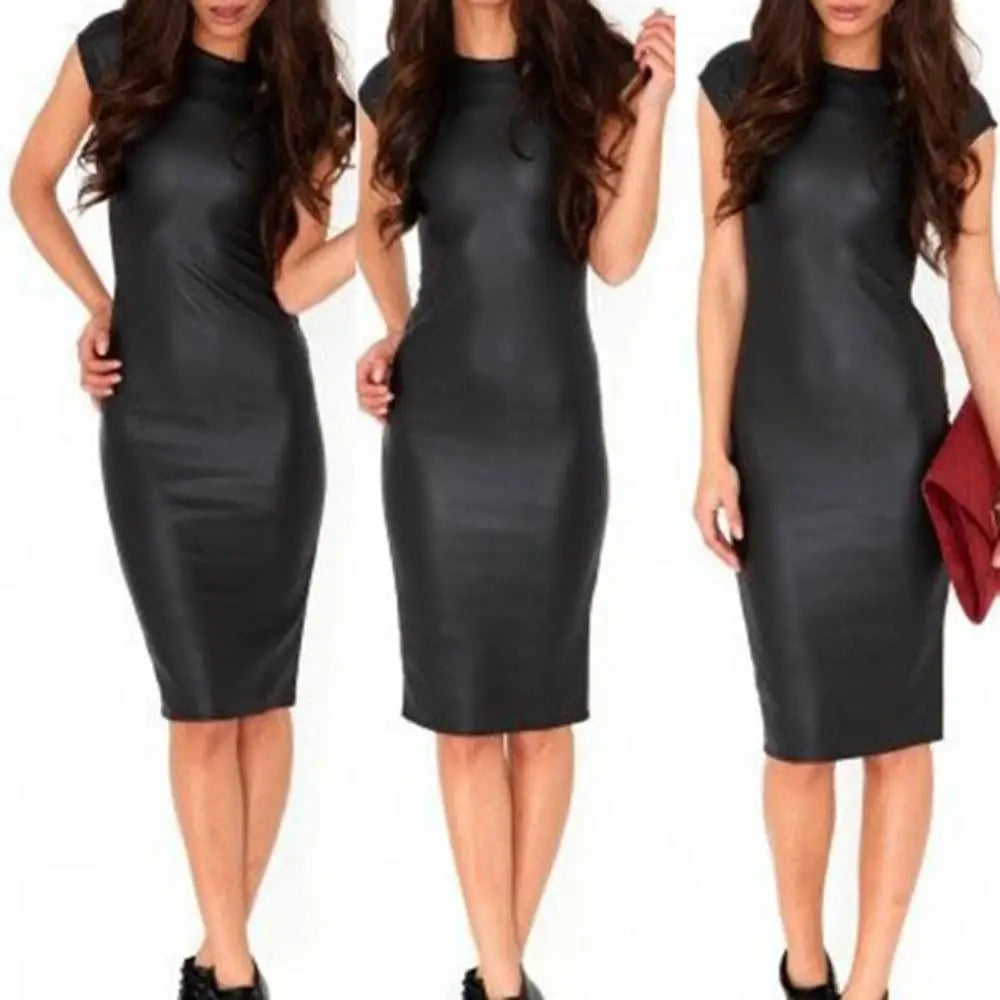 Women PU Leather Dress Short Sleeve Bodycon Midi Office Dress - GSINAS.com