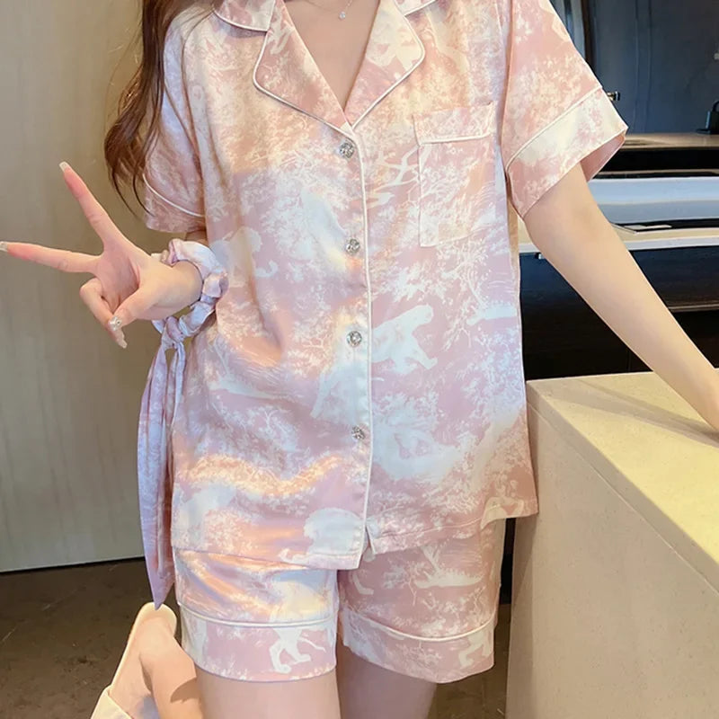 Summer Cardigan Pajama Set - Women's Two-piece Sweet Home Wear and Silk Sleepwear.