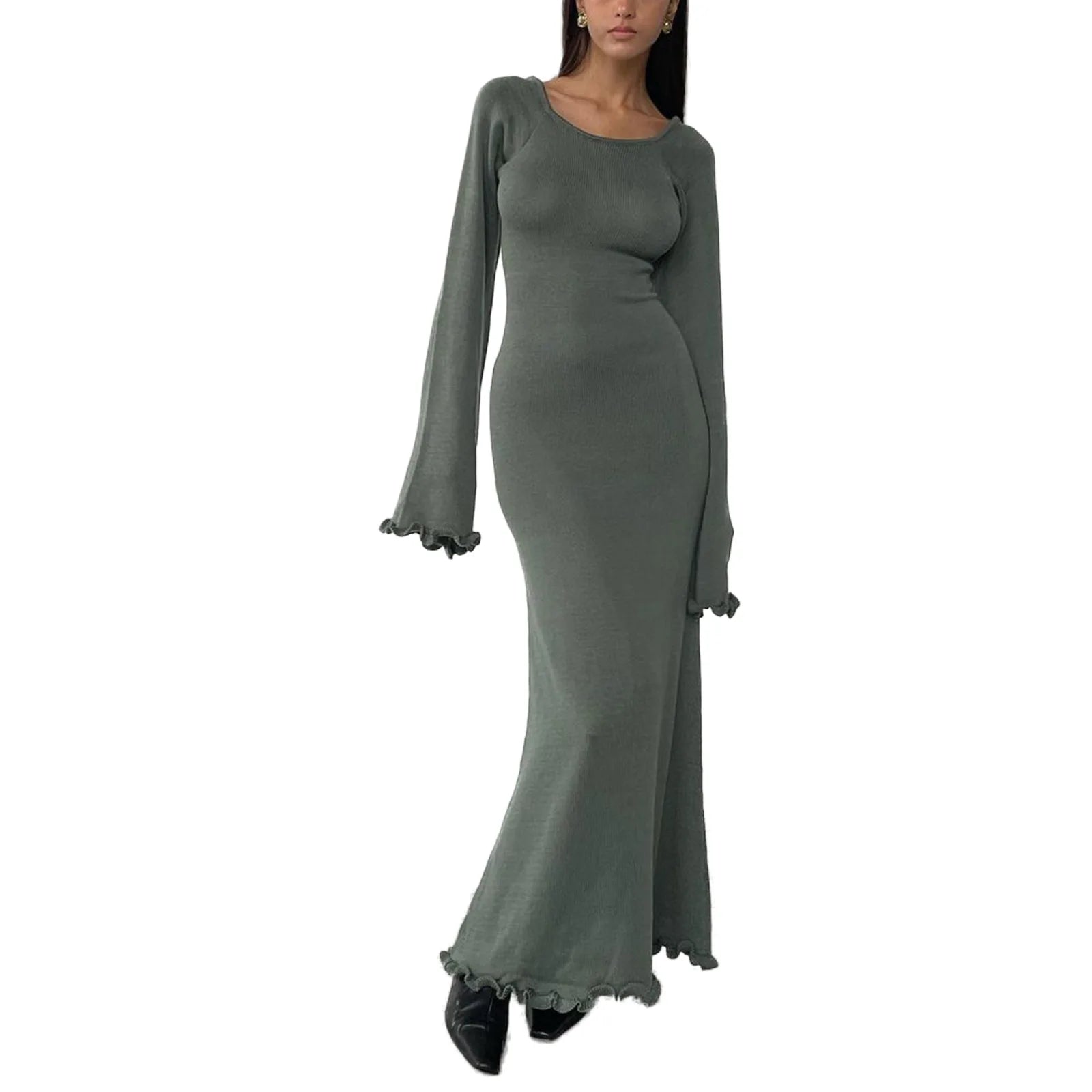 Knitted Open Back Flared Long Sleeve Maxi Dress Elegant - GSINAS.com