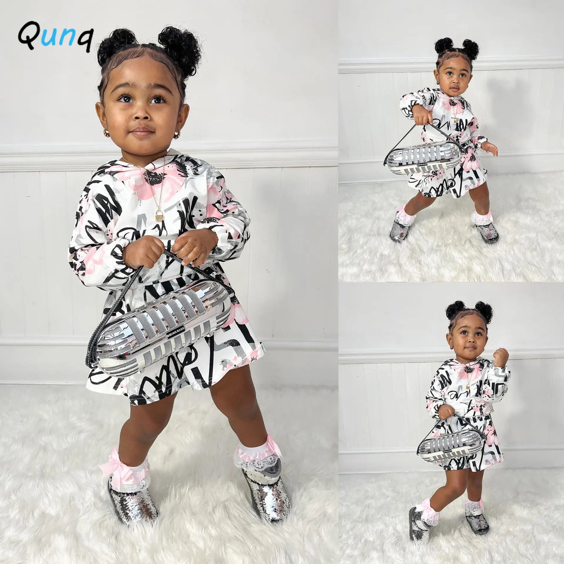 Qunq Autumn New Girls Fashion Print Hooded Long Sleeve Sweatshirts Top + Shorts 2 Pieces Set Casual Kids Clouthes Age 3T-8T - GSINAS.com