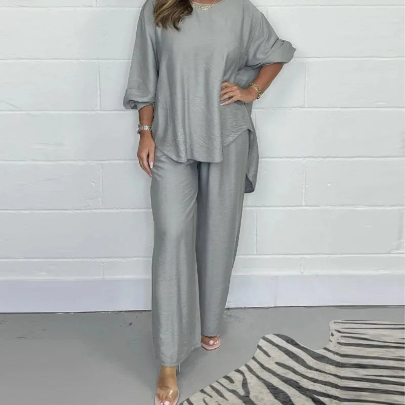 2024 Women Casual Loose Two Piece Sets Fashion O-neck Pullover Tops & Long Pant Outfits Elegant Short Sleeve Solid Homewear Suit - GSINAS.com