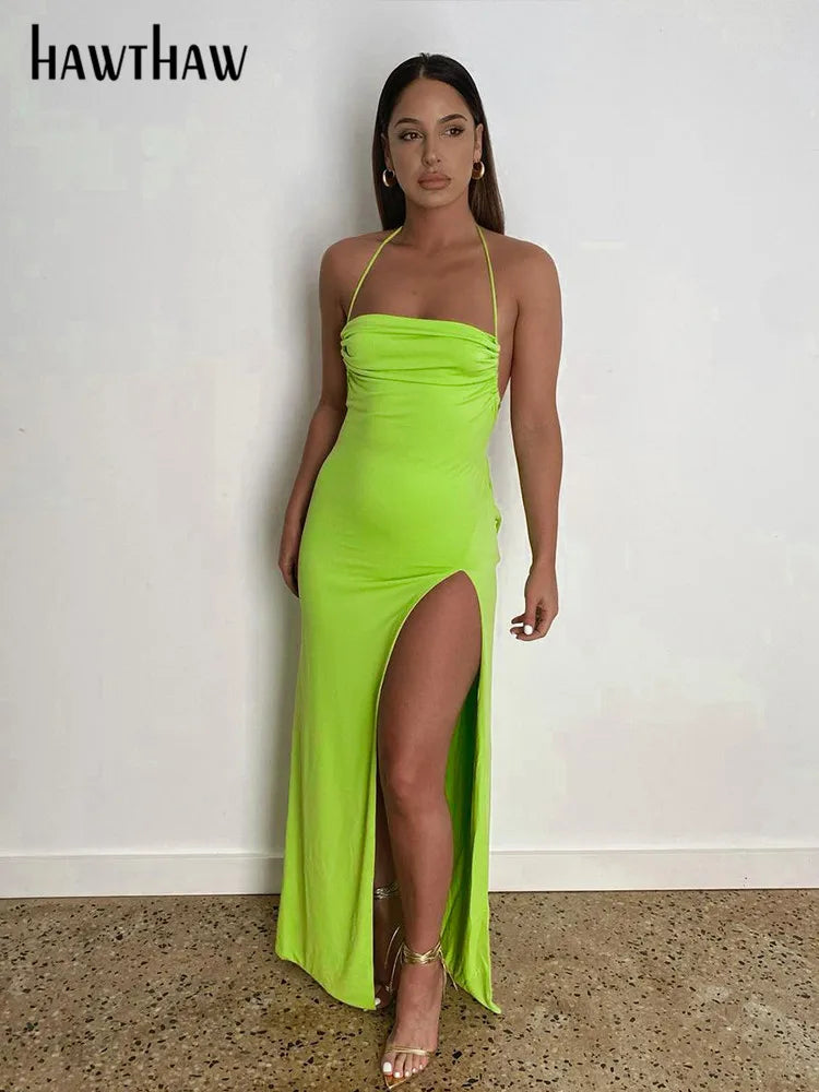 Hawthaw Women Fashion Halter Sleeveless Backless Party Club Solid Color Bodycon Split Long Dress 2022 Summer Clothes Streetwear - GSINAS.com