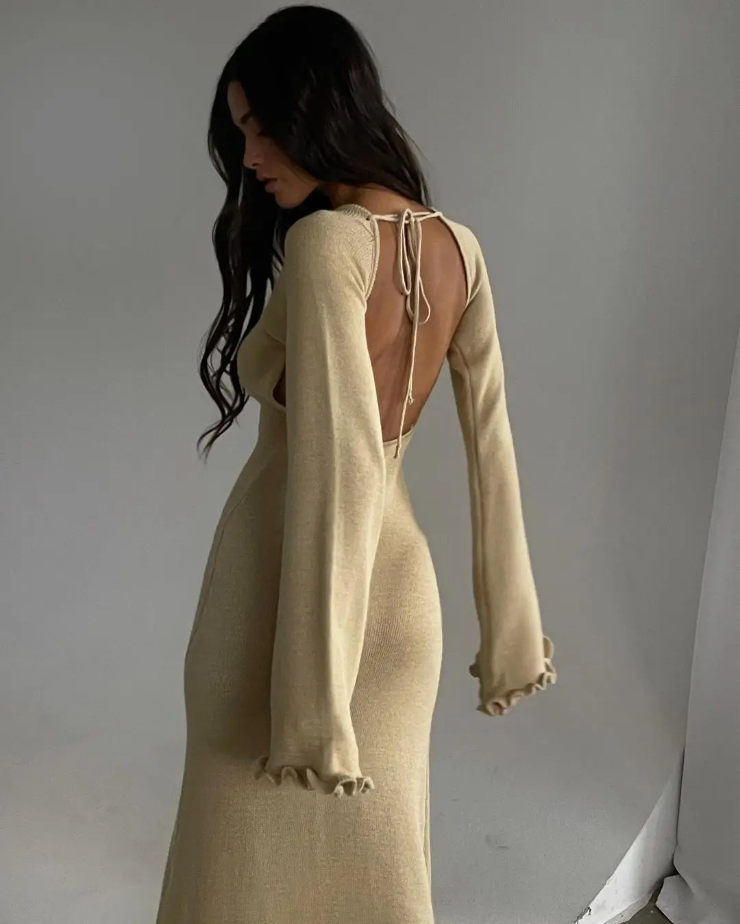 Cryptographic Elegant Knitted Sweater Maxi Dress Outfits for Women Flare Sleeve Sexy Backless Dresses Edible Tree Fungus Clothes - GSINAS.com